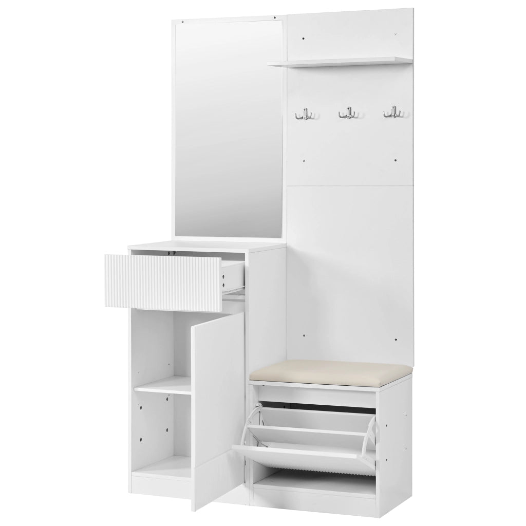 Mobile da ingresso con scarpiera, panca, specchio, ganci e LED controllabile tramite app, bianco, 105 × 38 × 190 cm