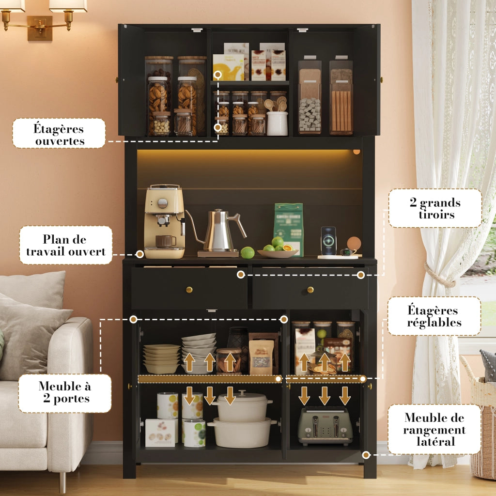 Mobile colonna da cucina con LED RGB prese 5 ante in rattan 2 cassetti MDF nero 100 × 40 × 180 cm