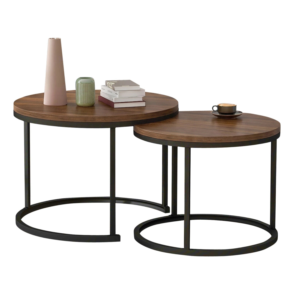 Set di 2 tavolini da salotto rotondi in MDF effetto noce, tavolini laterali impilabili 50 x 70,5 cm