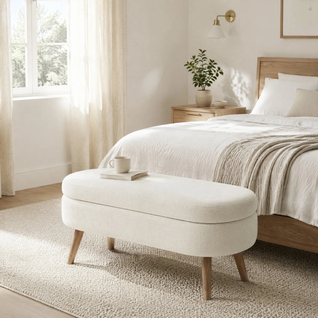 Panca Contenitore in Chenille 110 cm con Vano Ventilato Beige per Camera da Letto; Ingresso e Soggiorno