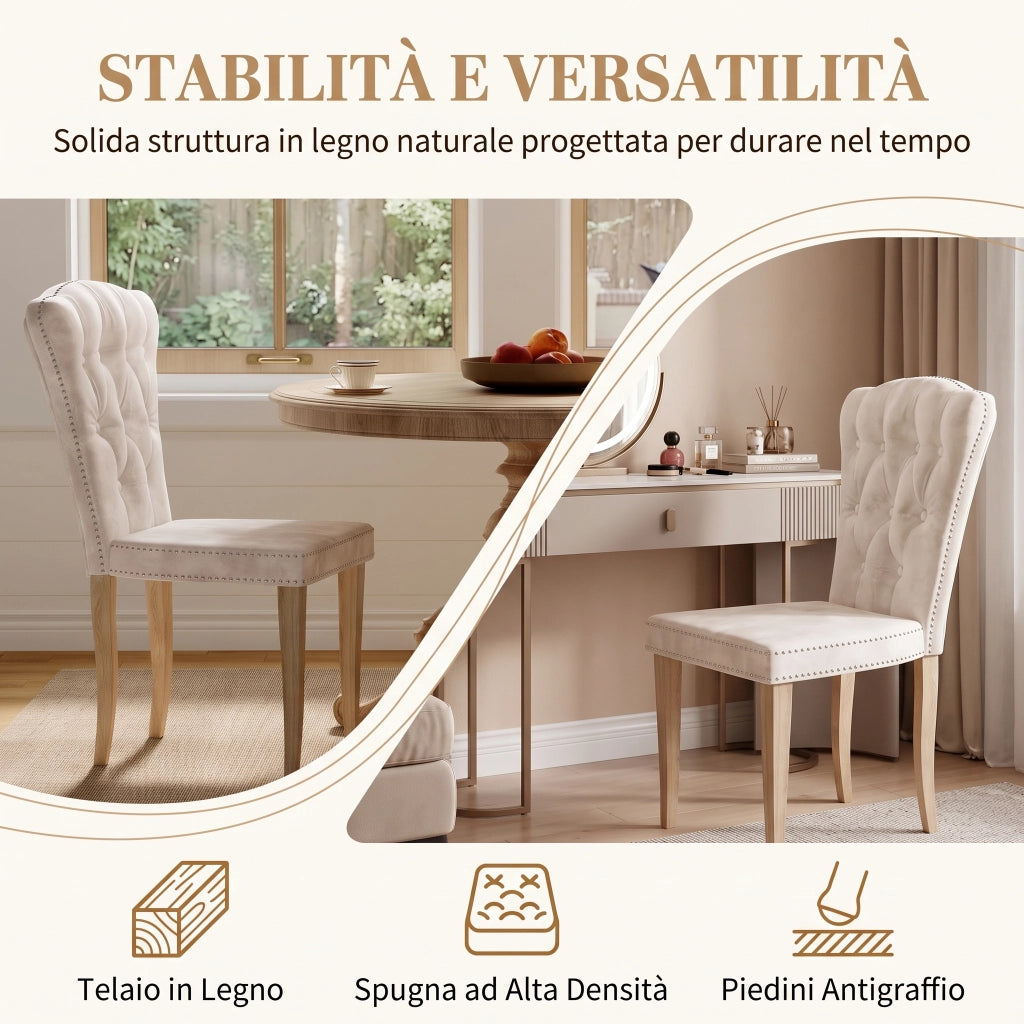 Sedia da sala da pranzo set 2 pezzi con schienale alto ergonomico;47*50*99cm;Legno massello;Velluto;Beige