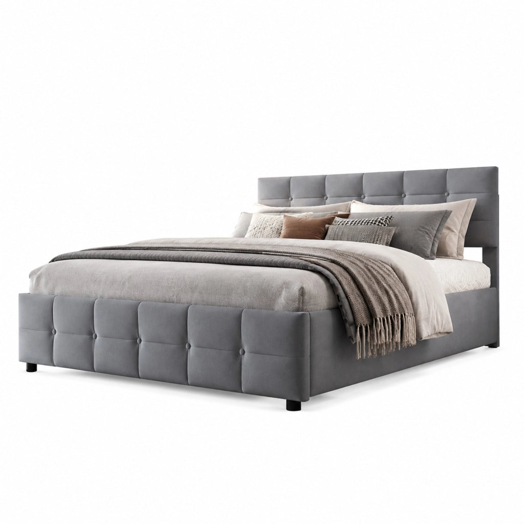 Letto imbottito con rete a doghe e sollevamento idraulico, grigio