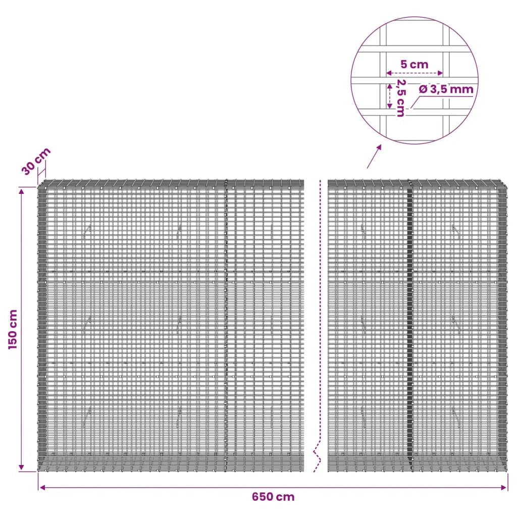 Gabione con Filo da 3,5 mm e Rete da 5x2,5 cm 650x30x150 cm 3461791