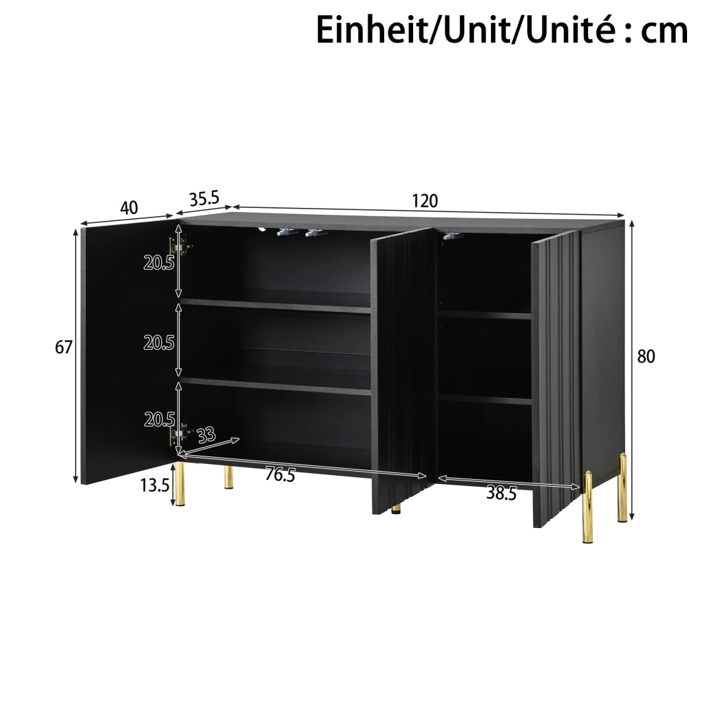 Credenza e madia con 3 ante senza maniglie e ripiani regolabili, per ingresso e soggiorno, in MDF e truciolare, nero