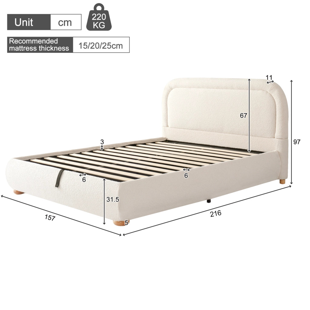 Letto matrimoniale contenitore 140x200 cm in bouclé beige con rete a doghe HOMVRA