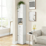 Mobiletto bagno bianco in metallo stretto con 5 ripiani regolabili e 2 ante, H 180 x L 30 x P 30 cm