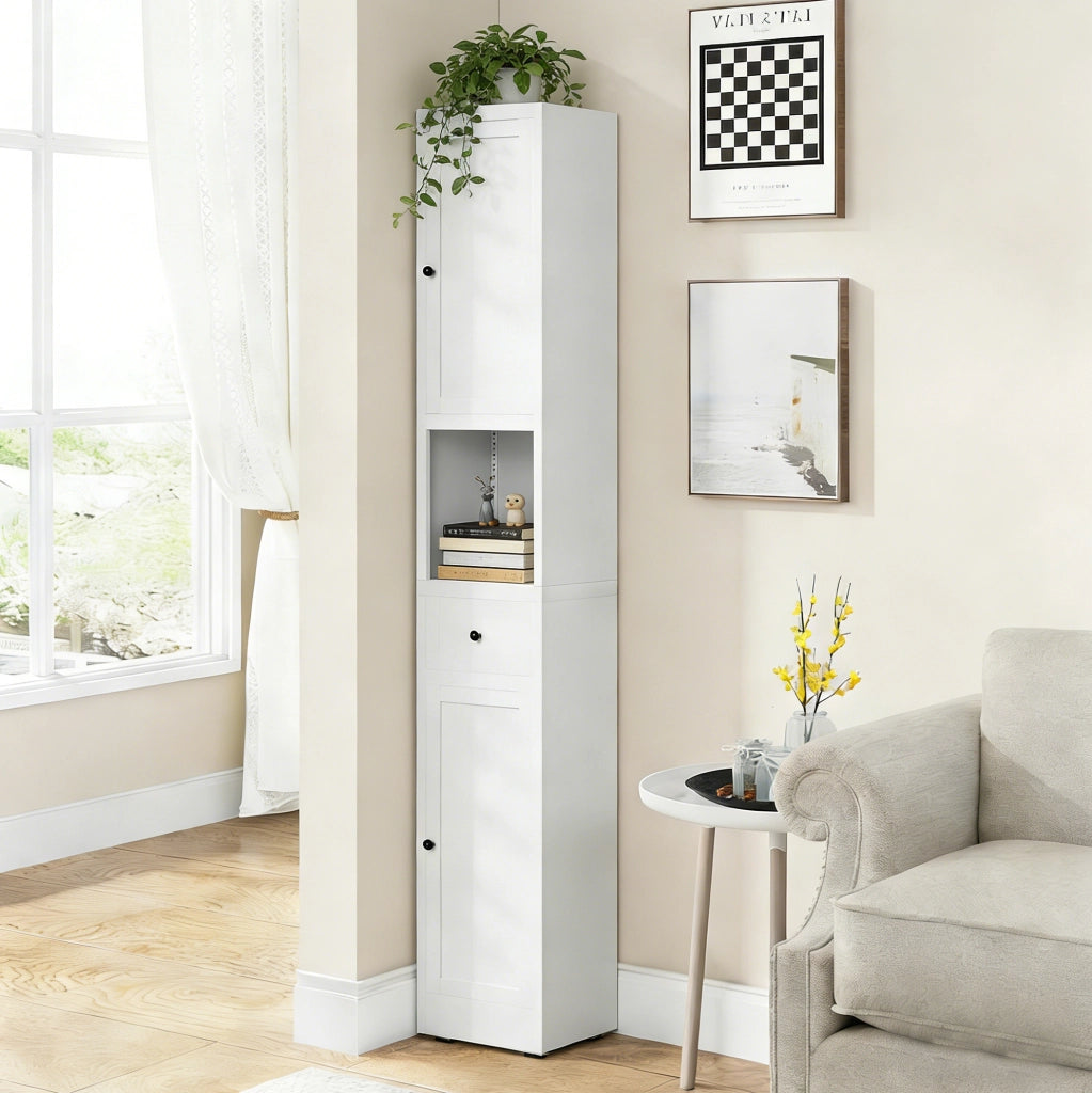 Mobiletto bagno bianco in metallo stretto con 5 ripiani regolabili e 2 ante, H 180 x L 30 x P 30 cm