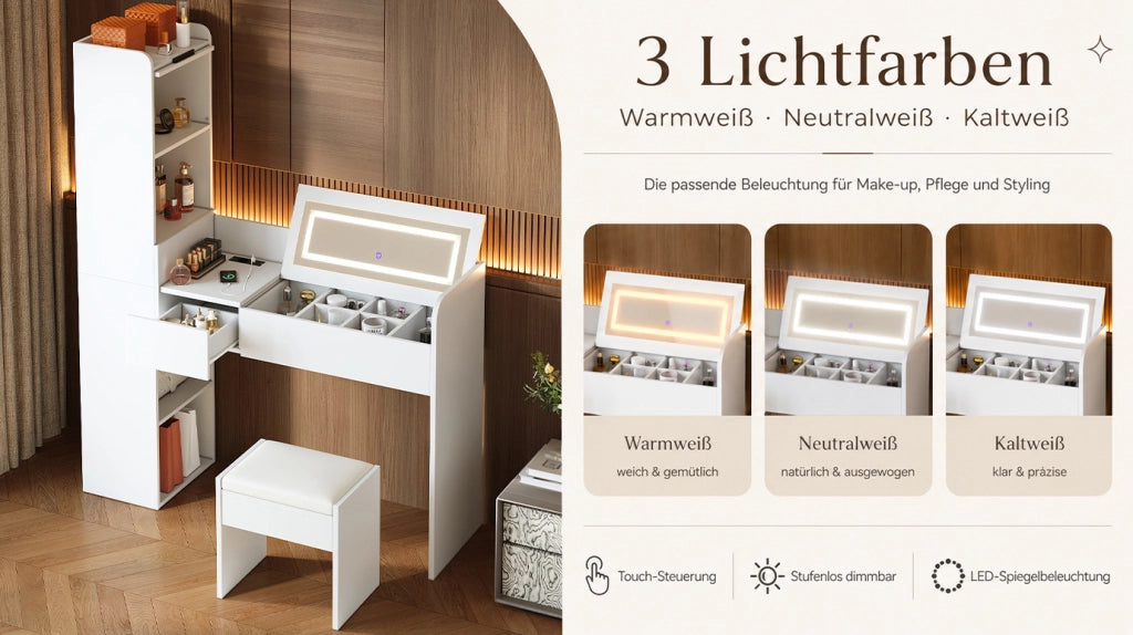 Toeletta ULEVR 131x40x160 cm con specchio LED a 3 luci, USB, mobile laterale e sgabello, bianca
