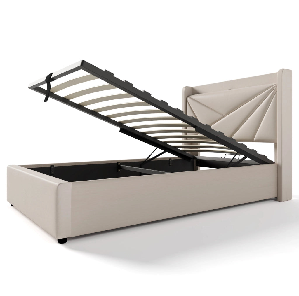Letto singolo 90x200 cm con contenitore, USB e USB-C in cotone e lino beige