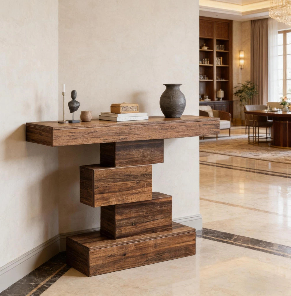 Tavolo consolle moderno con base geometrica in legno 108x30x80 cm, colore marrone rustico