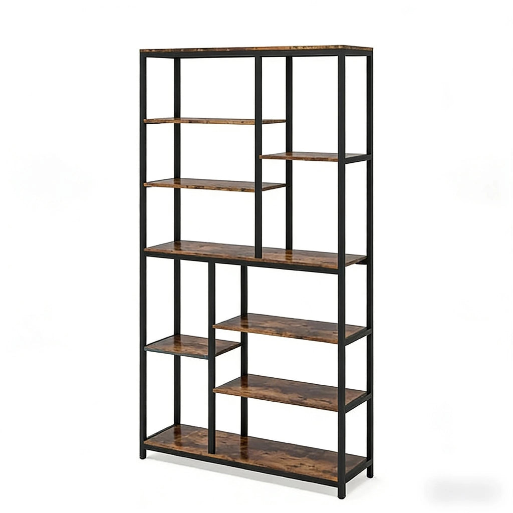 Libreria con ripiani aperti, stile industriale, in metallo, marrone rustico, per soggiorno, 100 × 30 × 200 cm
