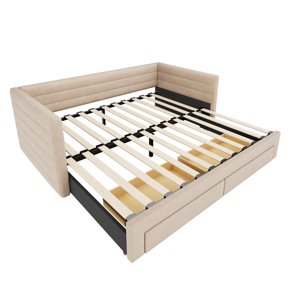 Divano letto beige 207x189x74 cm in cotone e lino con 2 cassetti, senza materasso