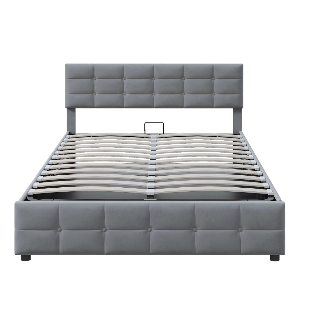 Letto imbottito con rete a doghe e sollevamento idraulico, grigio