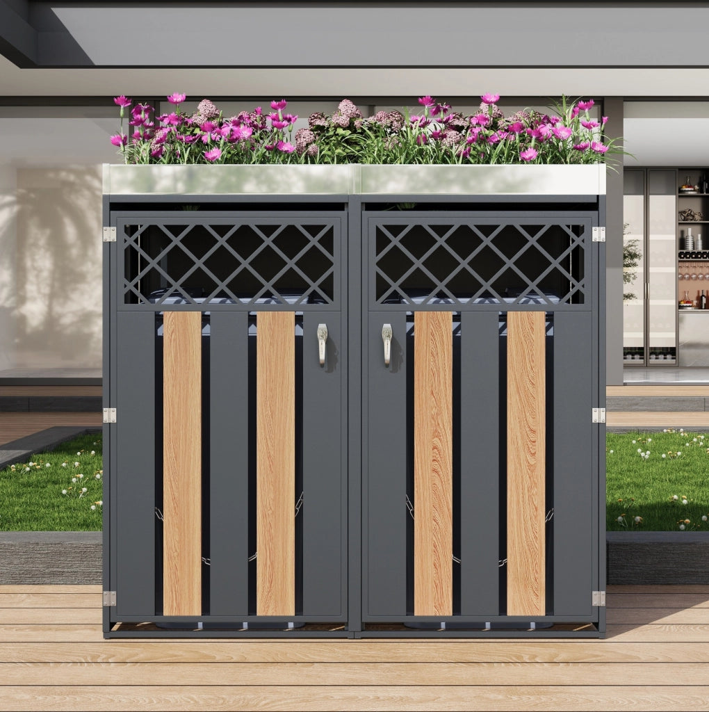 Armadio per bidoni raccolta differenziata con fioriera integrata, struttura in acciaio zincato, design con ventilazione a rombi e finitura effetto legno, chiudibile a chiave