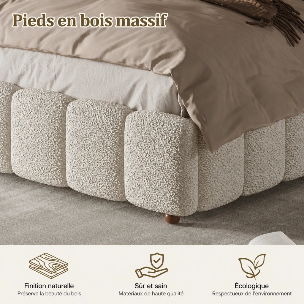Letto matrimoniale 160 x 200 cm con rete a doghe, letto imbottito in boucl¨¦ bianco con testiera a pannelli verticali e piedi in legno massello