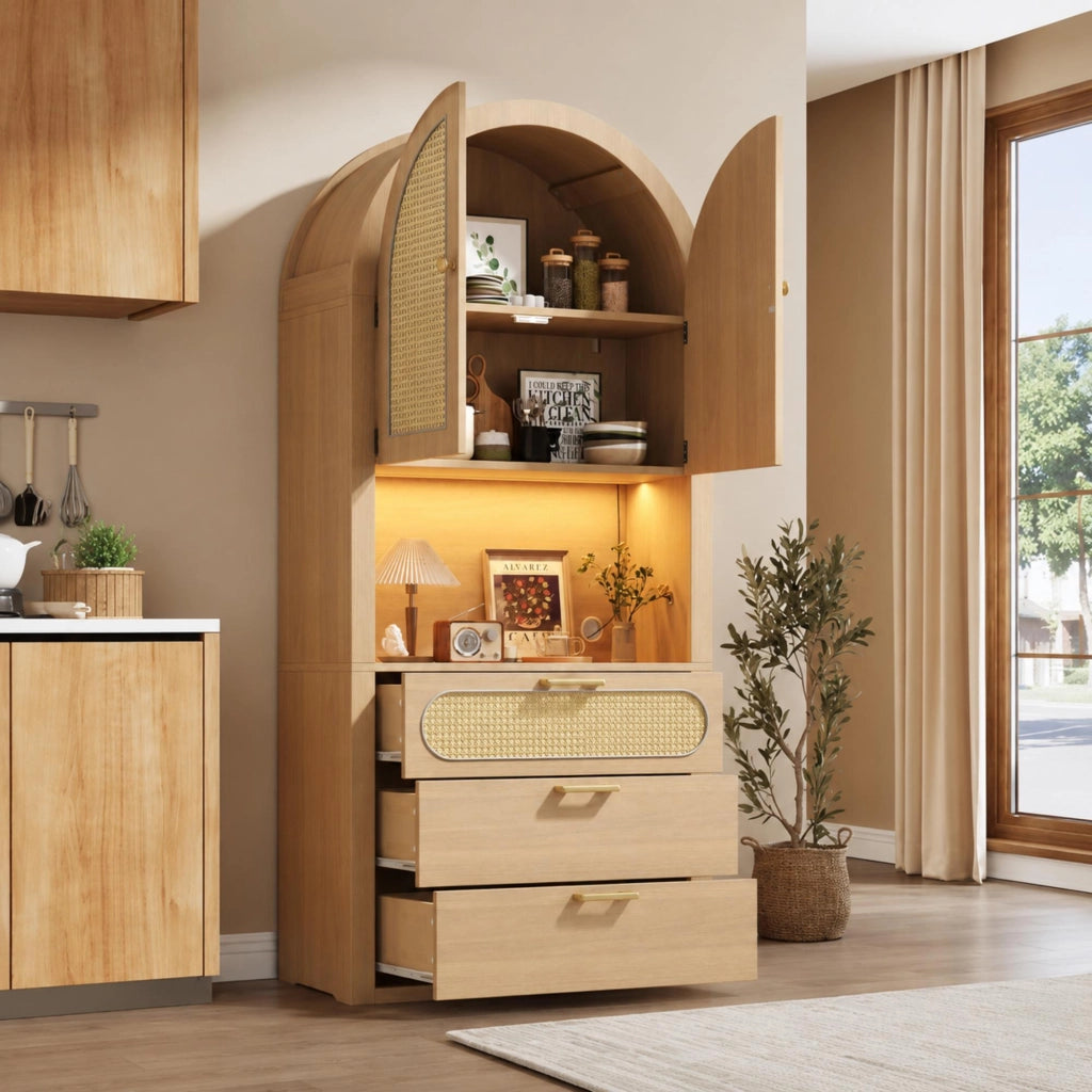 Mobile contenitore con ante in rattan e LED 80x35x180 cm, rovere chiaro