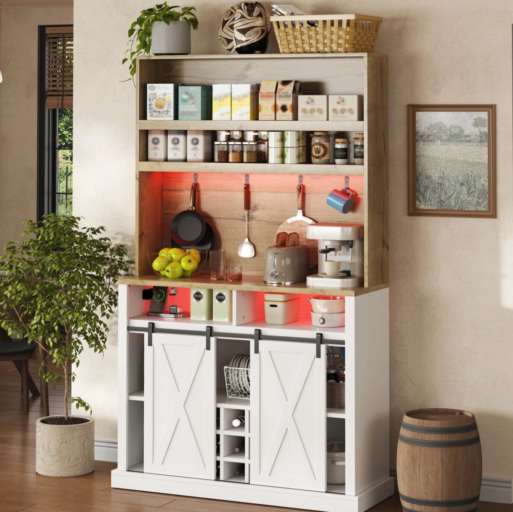 Mobiletto alto da cucina YEAVIO con illuminazione LED RGB, prese integrate, appendini, porta vini e vetrina, 191 cm, MDF