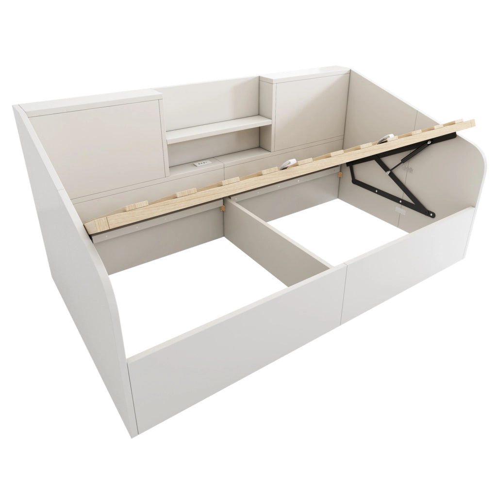 Letto singolo 90x200 cm bianco con contenitore e stazione USB
