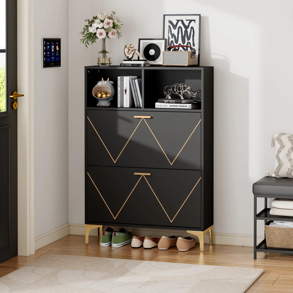 Scarpiera con 2 ante a ribalta, 4 vani per scarpe e 2 ripiani semiaperti, MDF nero, per ingresso, 80 × 25 × 117 cm