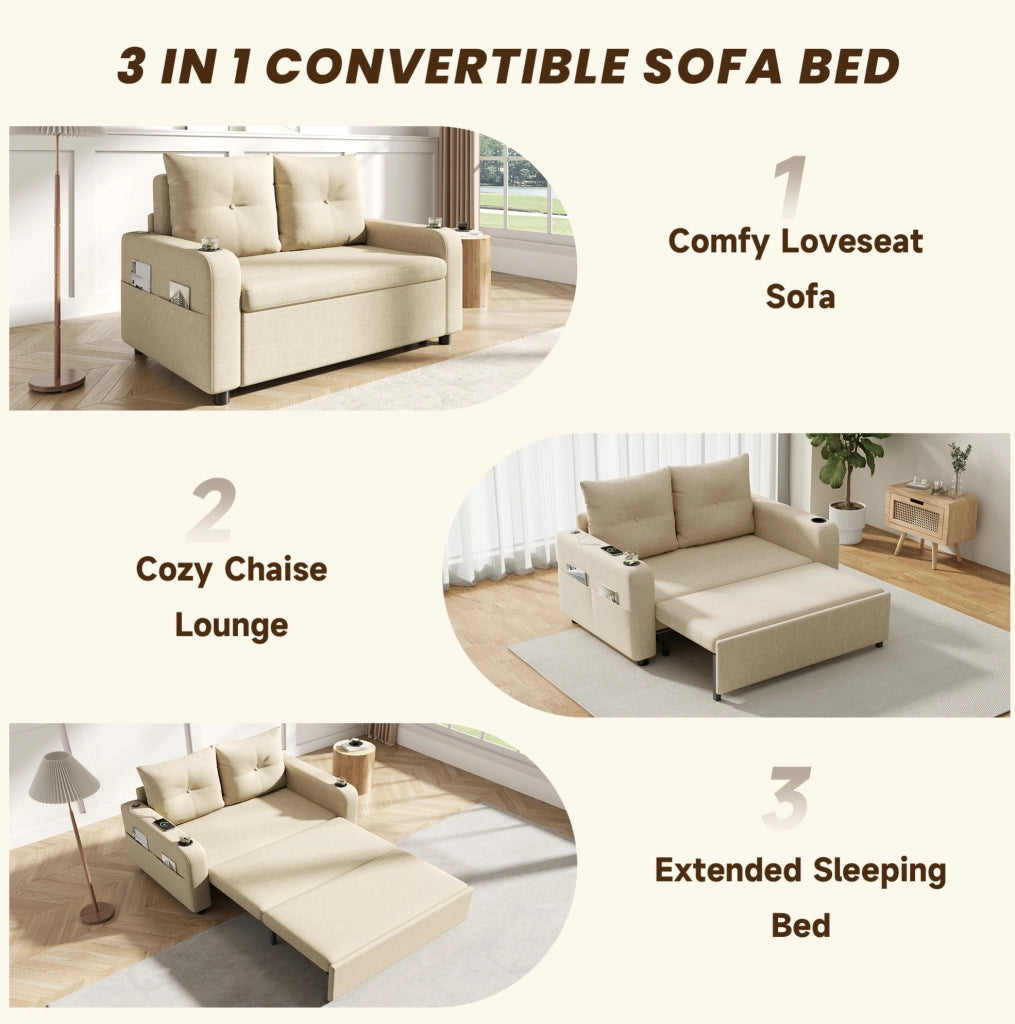 Divano Letto 3-in-1 Beige in Tessuto Effetto Lino con Porta Bicchieri e USB, 131x81x94 cm