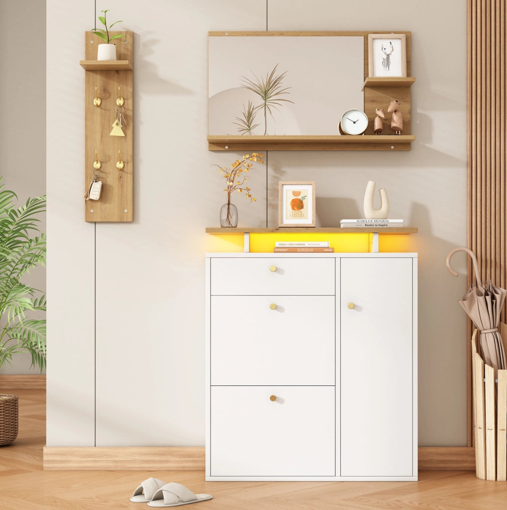 Set guardaroba da ingresso 3 pezzi con specchio, mensola cappelli e scarpiera con illuminazione LED, 4 ganci, bianco e naturale, 105x25x151,5 cm