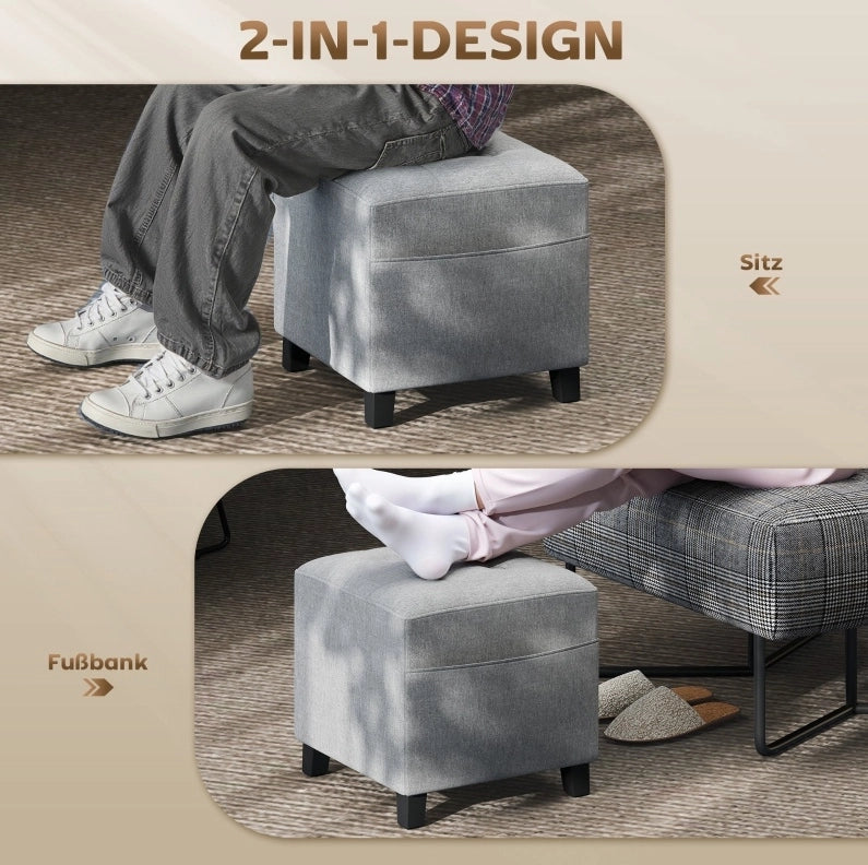 POUF Poggiapiedi 35x35x35 cm in Lino Grigio Chiaro con Tasca