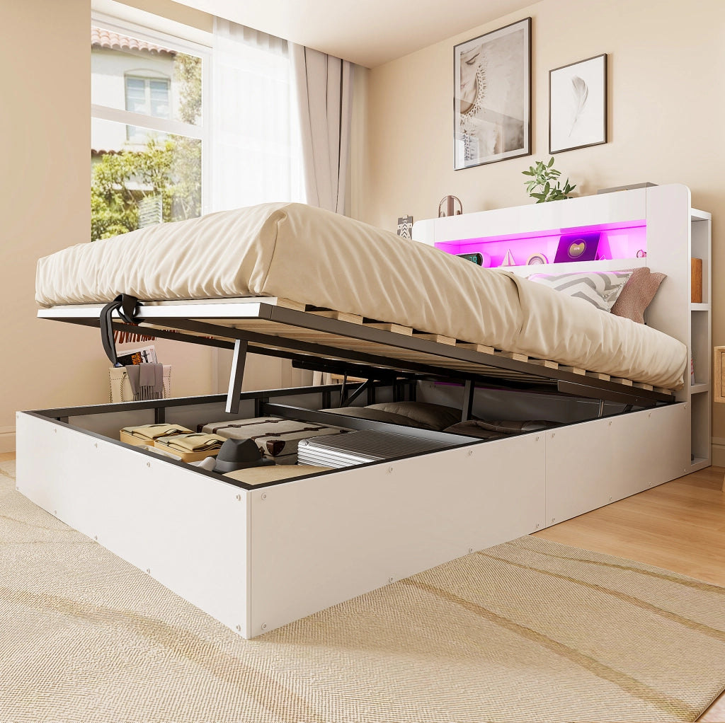 Letto matrimoniale contenitori in Legno 140x200 cm, Contenitore Idraulico, Testiera LED, Presa e Scomparti, Bianco Moderno, Senza Materasso