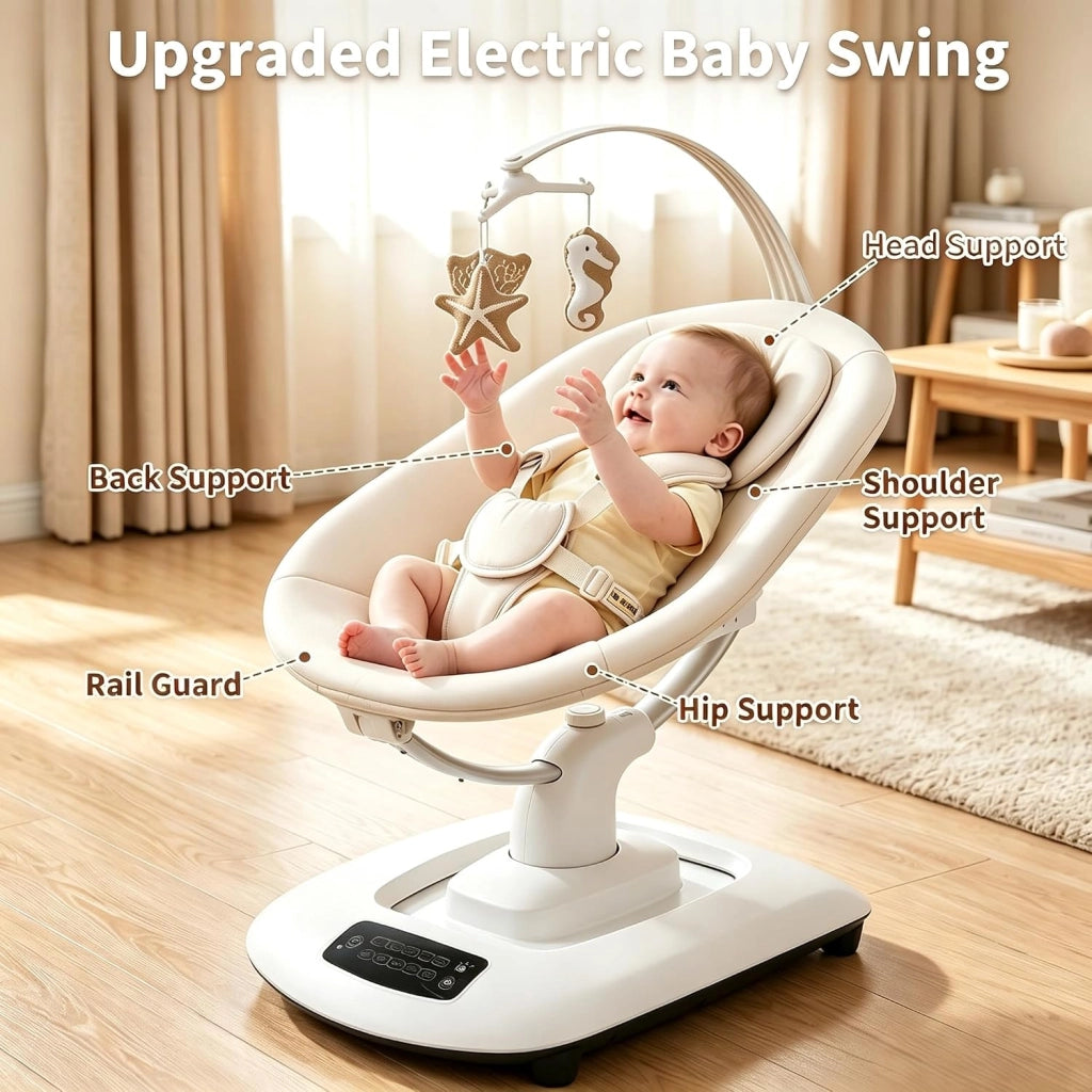 Sdraietta Neonati Elettrica; Sdraietta Dondolo Automatico per Bambini con 5 Movimenti Naturali e Velocità;Timer a 3 Livelli; 5 Ninne Nanne; Cintura a 5 Punti e Telecomando; Bluetooth