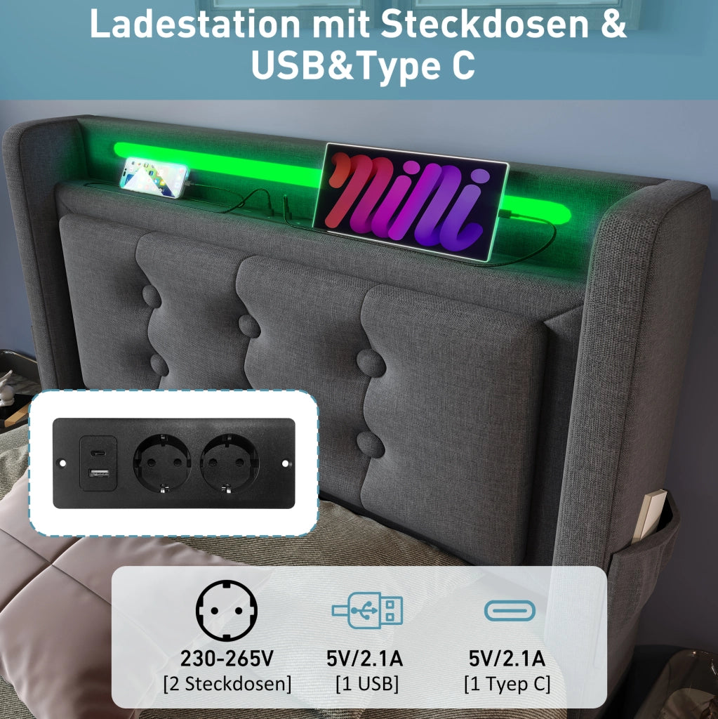 Letto singolo 90x200 cm con testiera imbottita, funzione di ricarica USB-C, struttura in legno e metallo, colore grigio, senza materasso