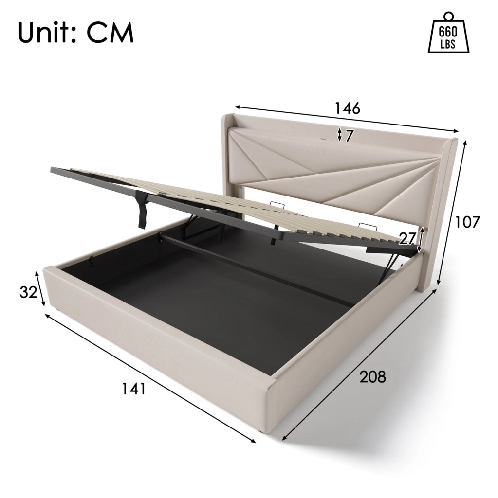 Letto matrimoniale 140x200 con contenitore, testiera con USB e Type-C