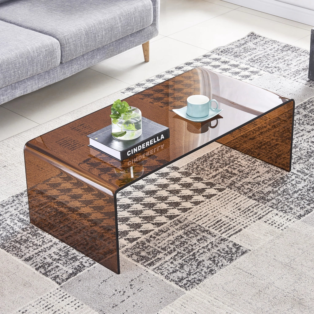 Tavolino da salotto in vetro temperato marrone curvato con piano trasparente per soggiorno, 100 × 50 × 35 cm
