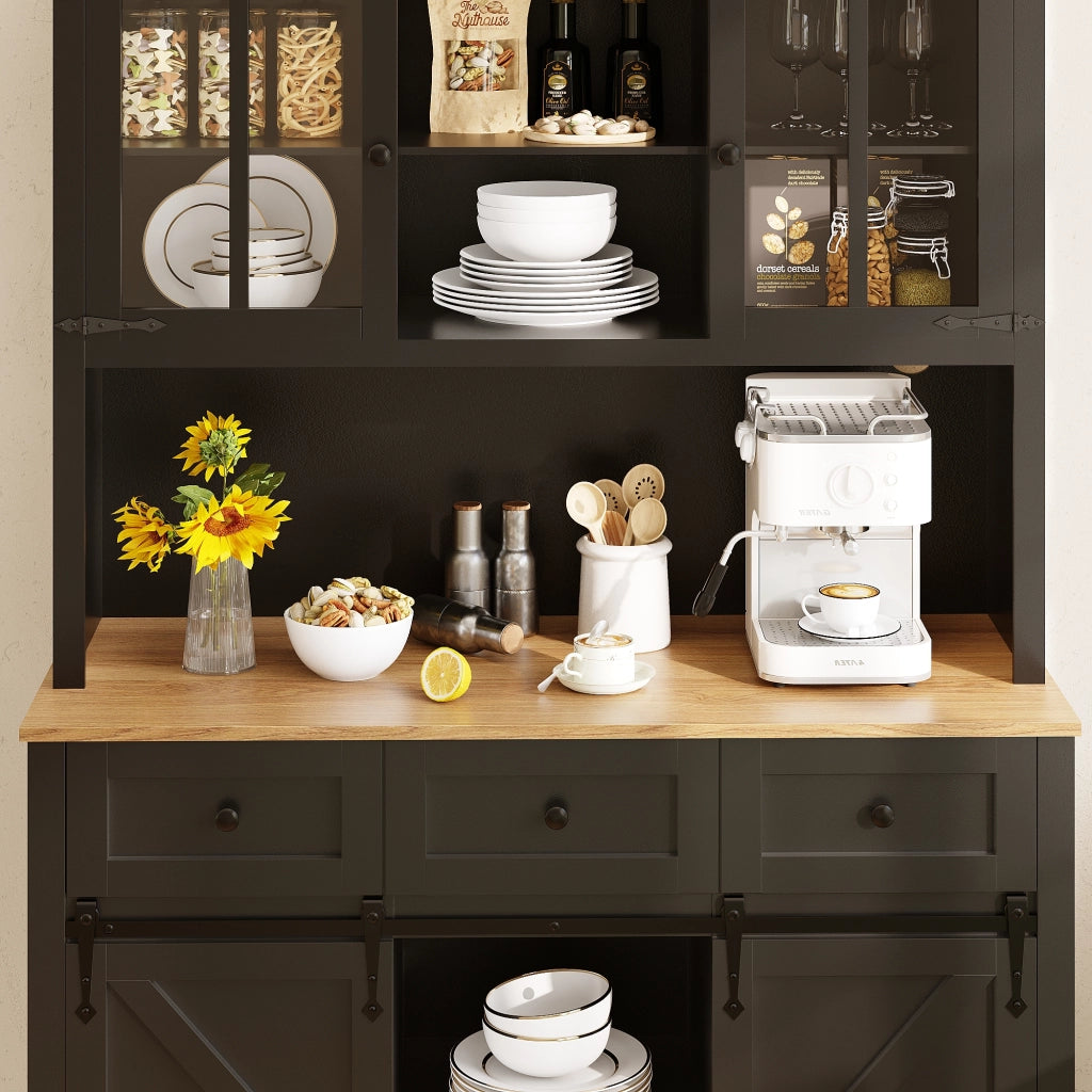 Credenza alta vetrina da cucina LED con 3 ripiani regolabili e portabottiglie, in MDF nero, 105 × 38.4 × 180 cm