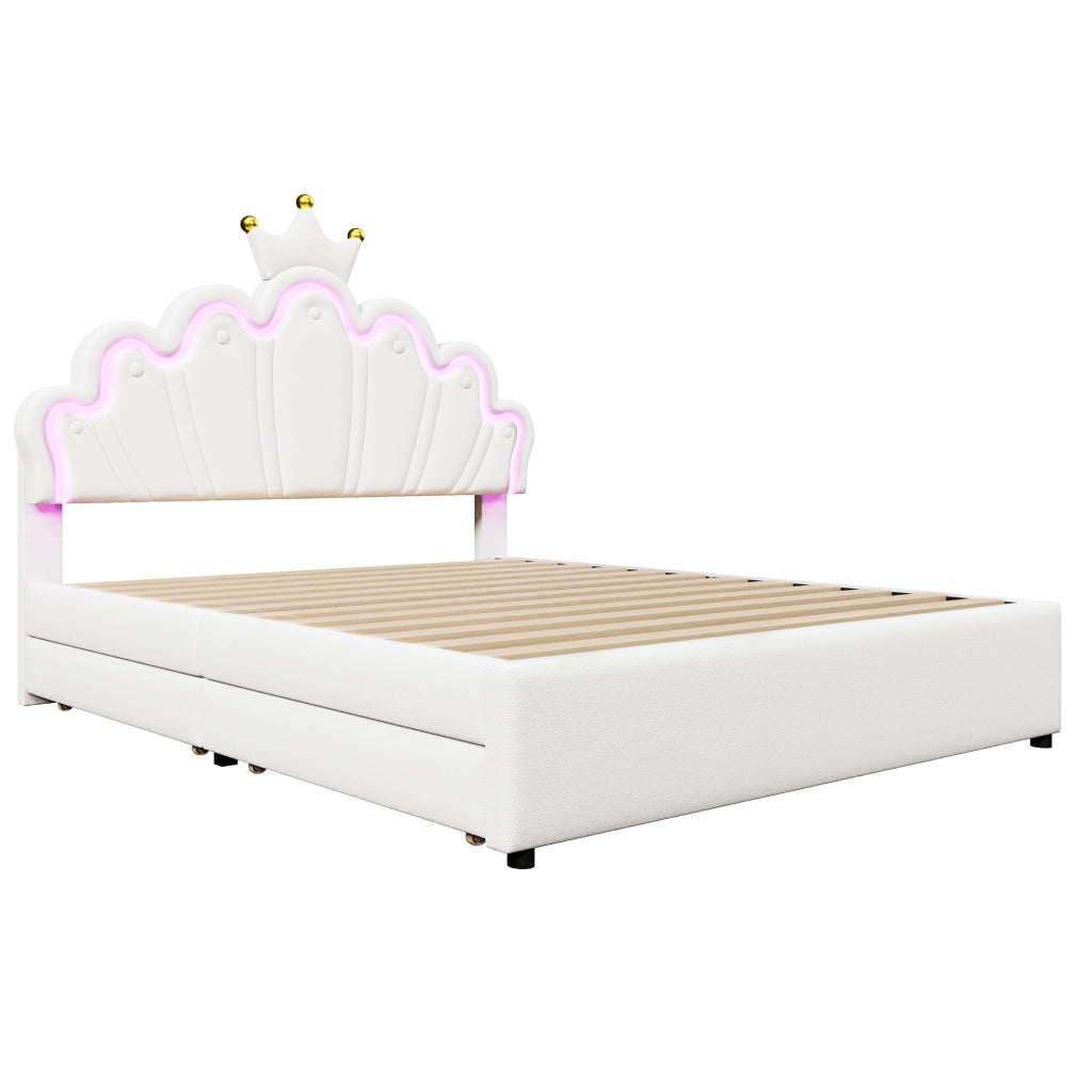 Letto matrimoniale Princess imbottito 140x200cm con 2 cassetti e forma di corona in PU bianco