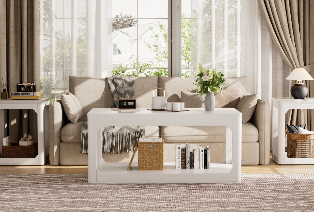 Set di 2 Tavolini Laterali Bianchi con Piano da 3 cm e Doppio Ripiano, 50x40x60 cm
