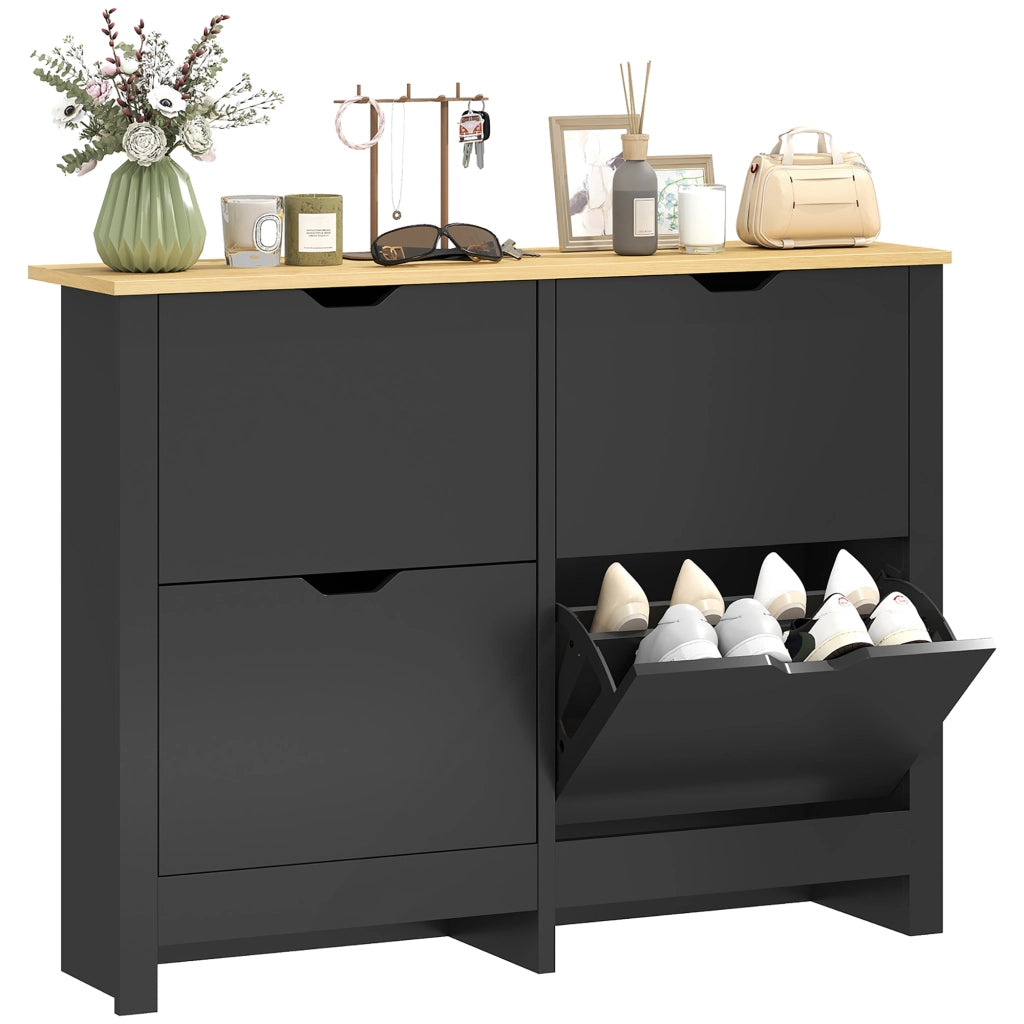 Scarpiera 16 paia con 4 cassetti e ripiani regolabili ¨C Minimal ¨C Nero e legno naturale
