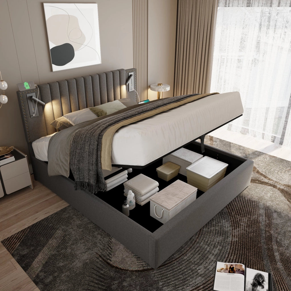 LETTO Contenitore 140x200 cm Grigio con testiera regolabile, luci lettura e USB