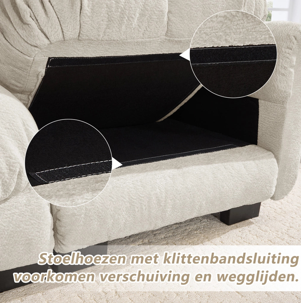Divano angolare a 3 posti in chenille color kaki chiaro con pouf mobile e 2 cuscini decorativi