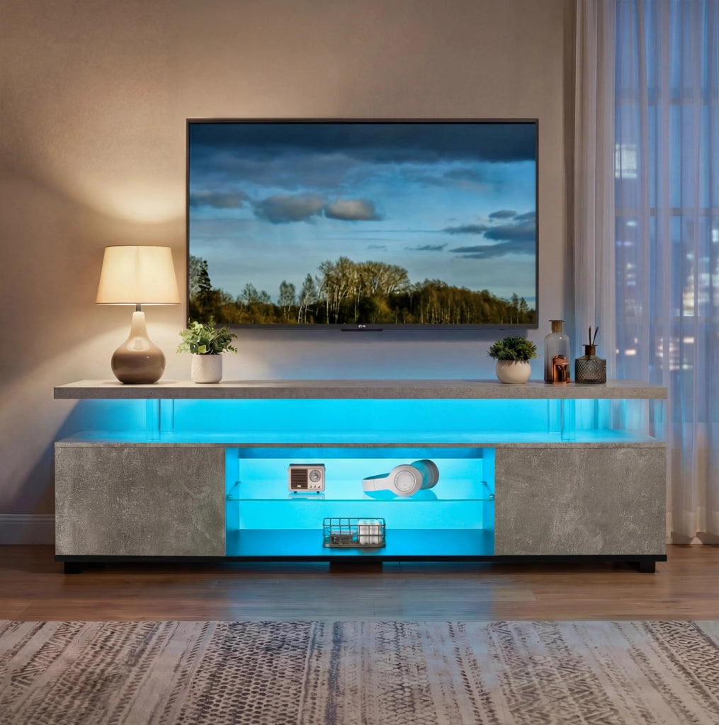 Mobile TV ULEVR con illuminazione LED, 3 vani chiusi e ripiano aperto, grigio e nero