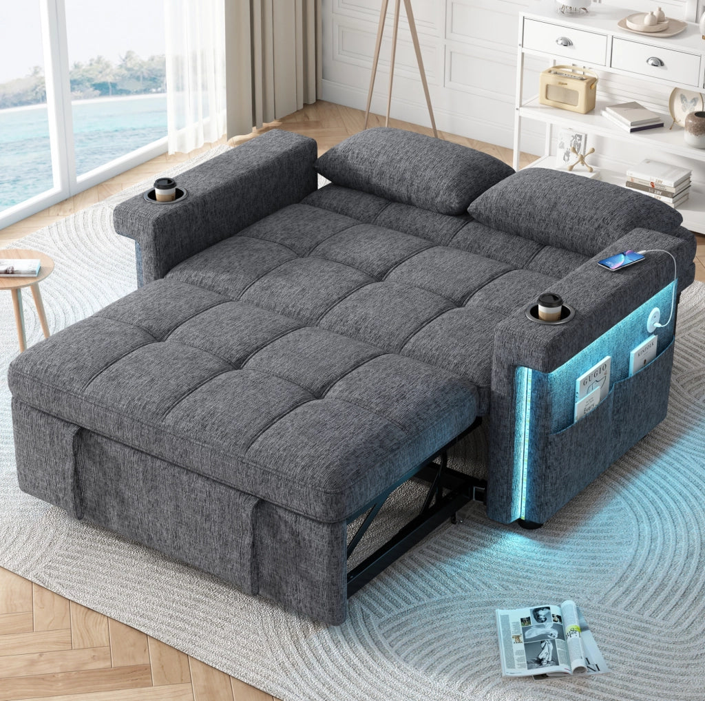 Divano letto 2 posti con schienale reclinabile; LED e porte USB/Type-C in ciniglia grigio HOMVRA