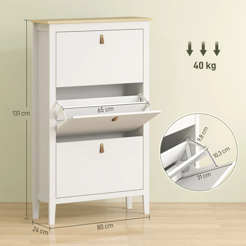 Scarpiera Stretto con 3 Scomparti ¨C zephmum ¨C 80x24x131 cm Bianco e Legno