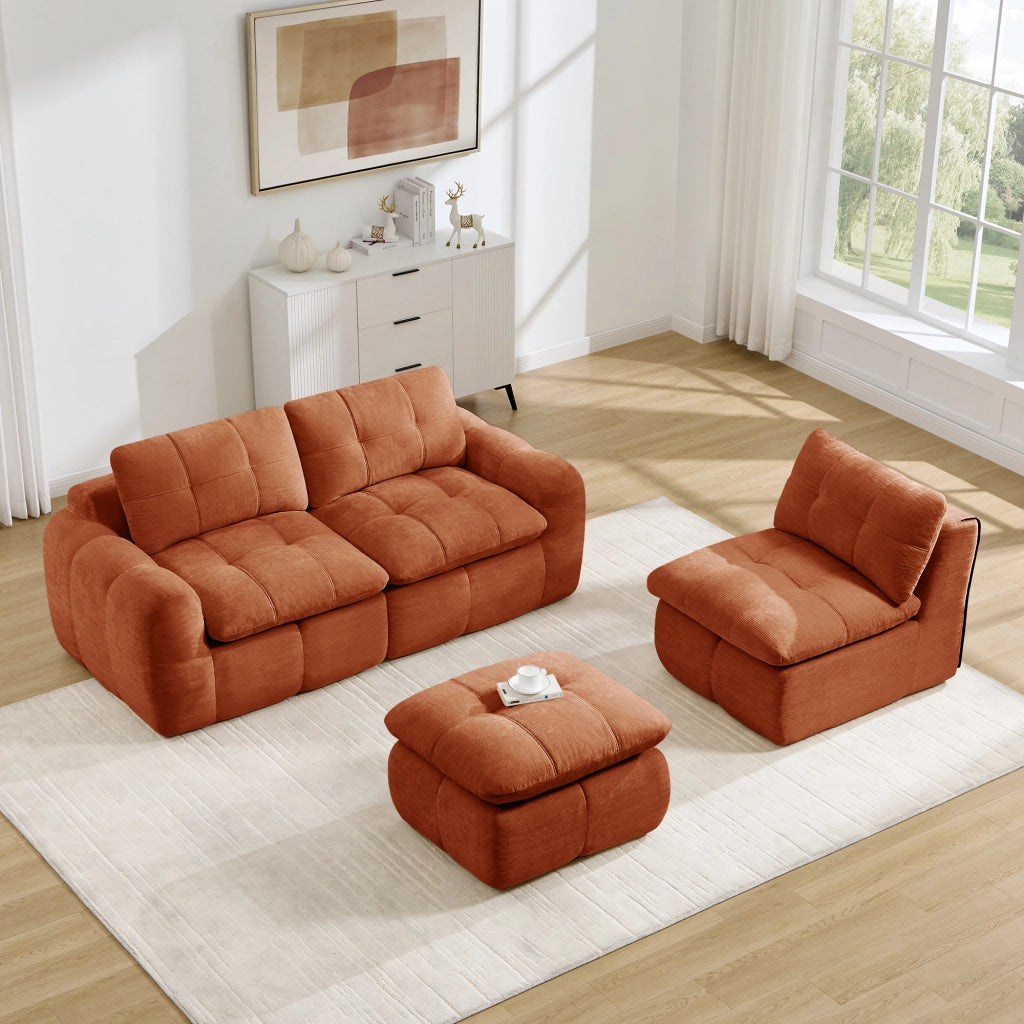 Divano angolare modulare a 3 posti in chenille arancione con pouf e struttura senza telaio per soggiorno