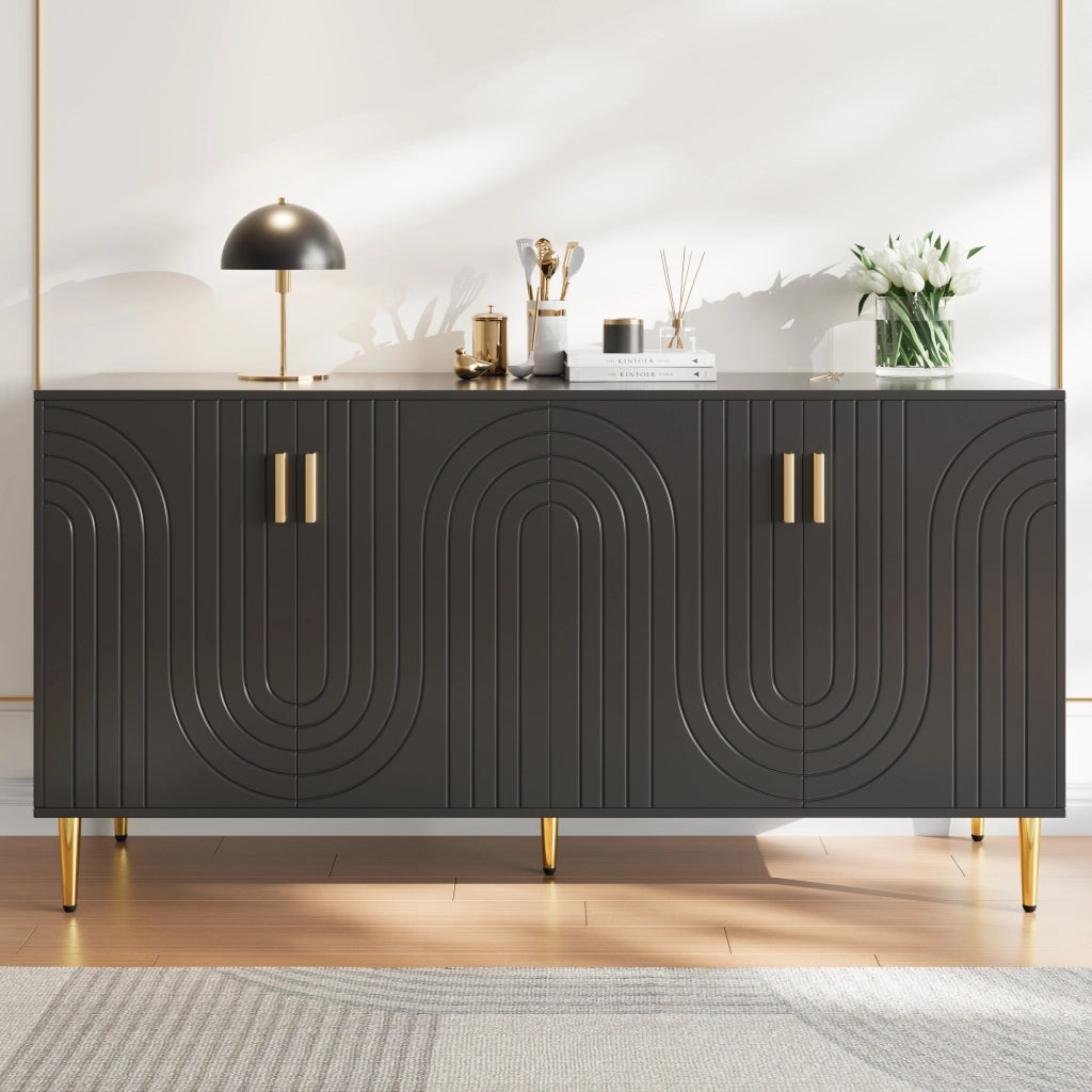 Credenza con 4 ante, 2 cassetti e vani contenitore, frontali ondulati per soggiorno, in MDF nero, 152 × 40 × 75 cm
