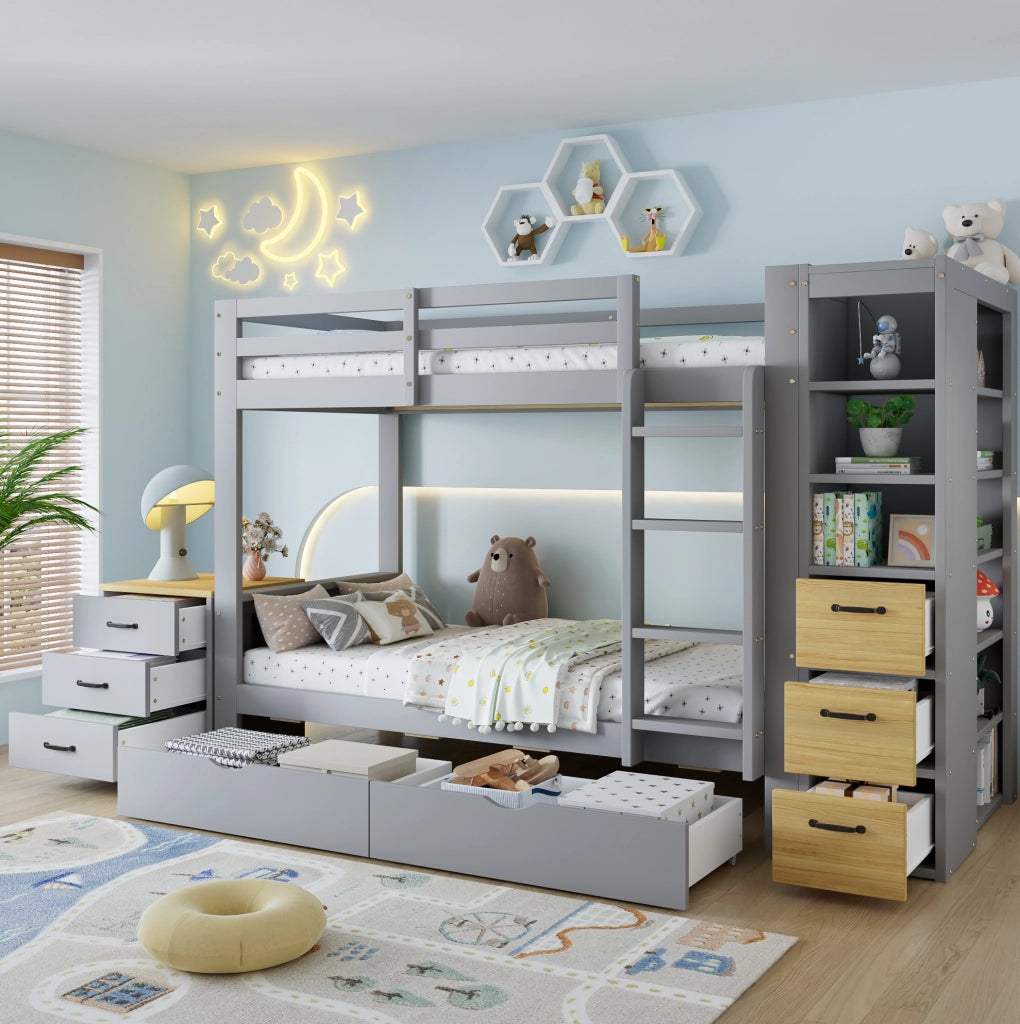 LETTO A CASTELLO 90x200 cm Legno Grigio con Cassetti e Comodino