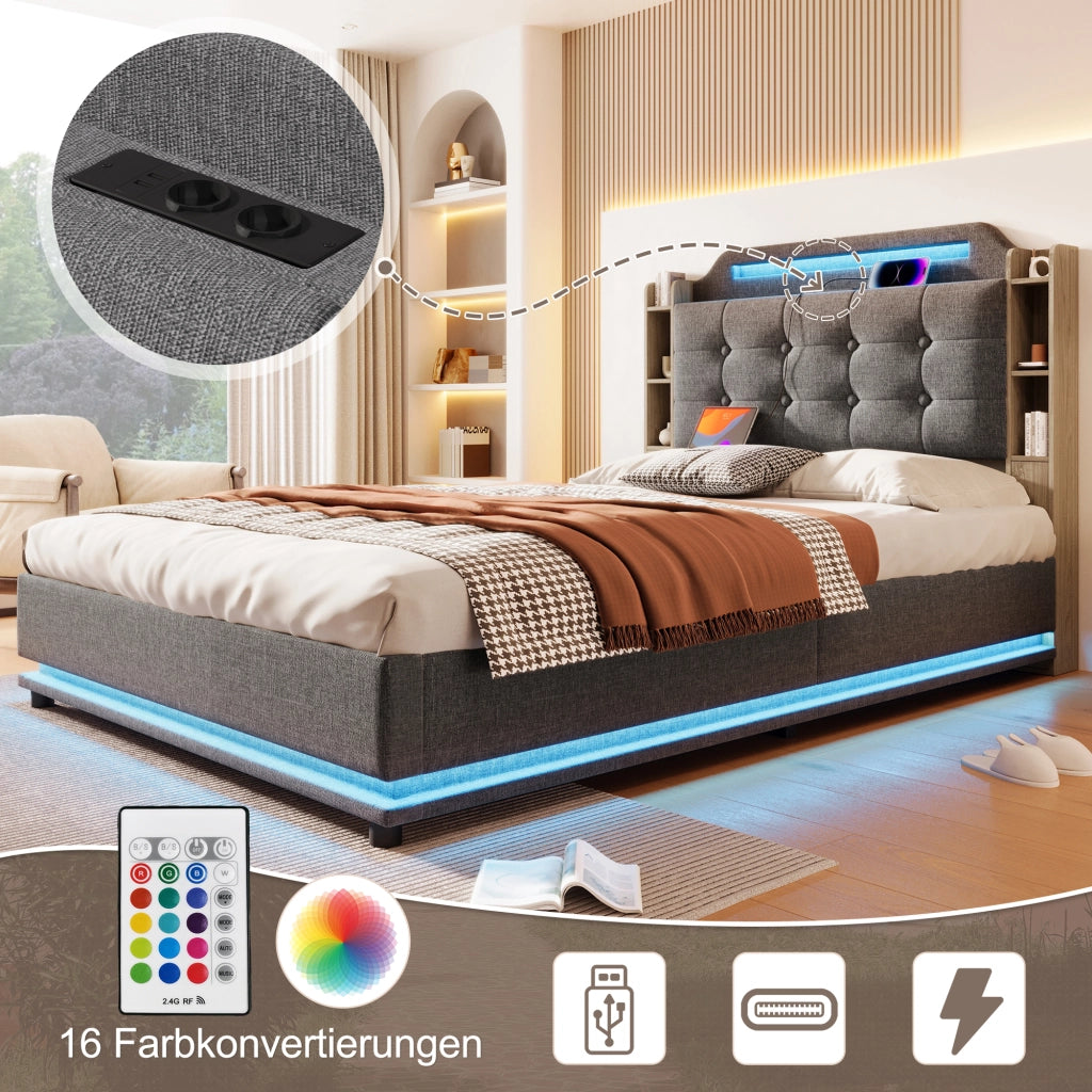 Letto contenitore 140 × 200 cm con LED USB e Type-C rivestito in lino grigio con vani laterali
