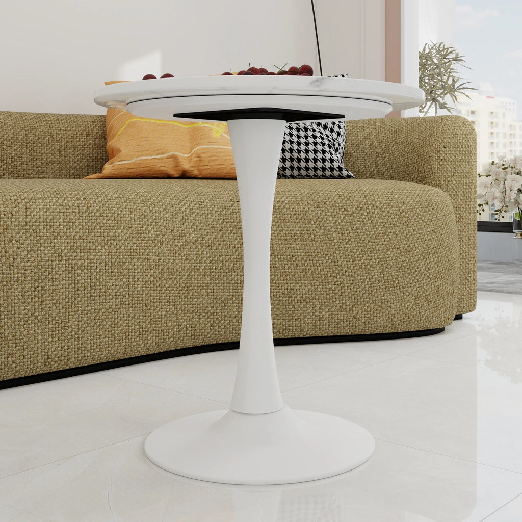 Tavolo rotondo da caffè in marmo artificiale bianco, design moderno e utilizzo versatile