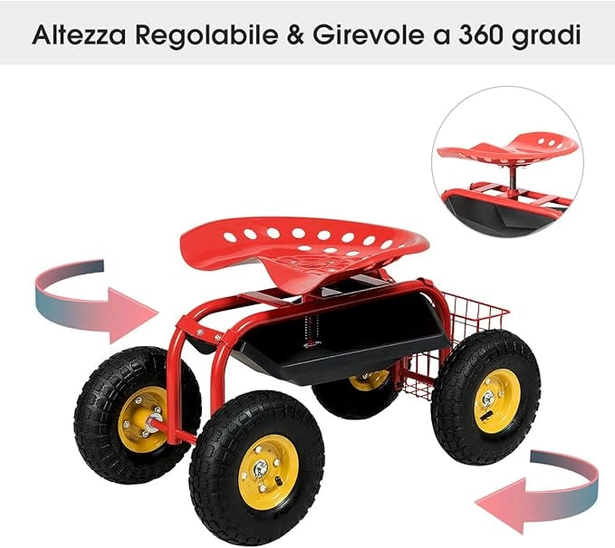 Sgabello da Giardino, Sgabello per Giardinaggio con Ruote, Sedile Regolabile in Altezza e Girevole a 360°, Cestello e Vassoio, Carrello per Prato e Giardino, Portata 150 kg(Rosso)