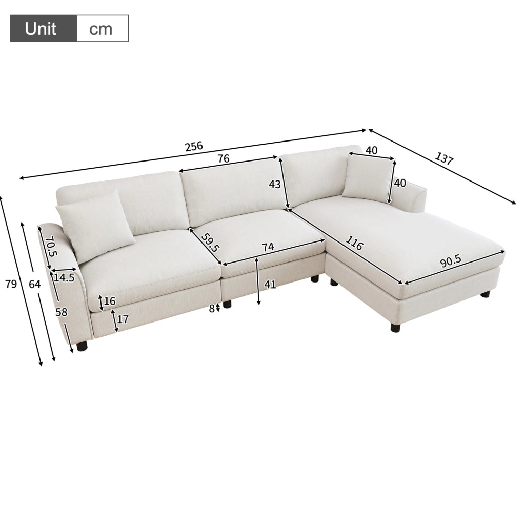 Divano angolare modulare beige in chenille con letto largo 90 cm e struttura in legno e metallo, 256×137×79 cm