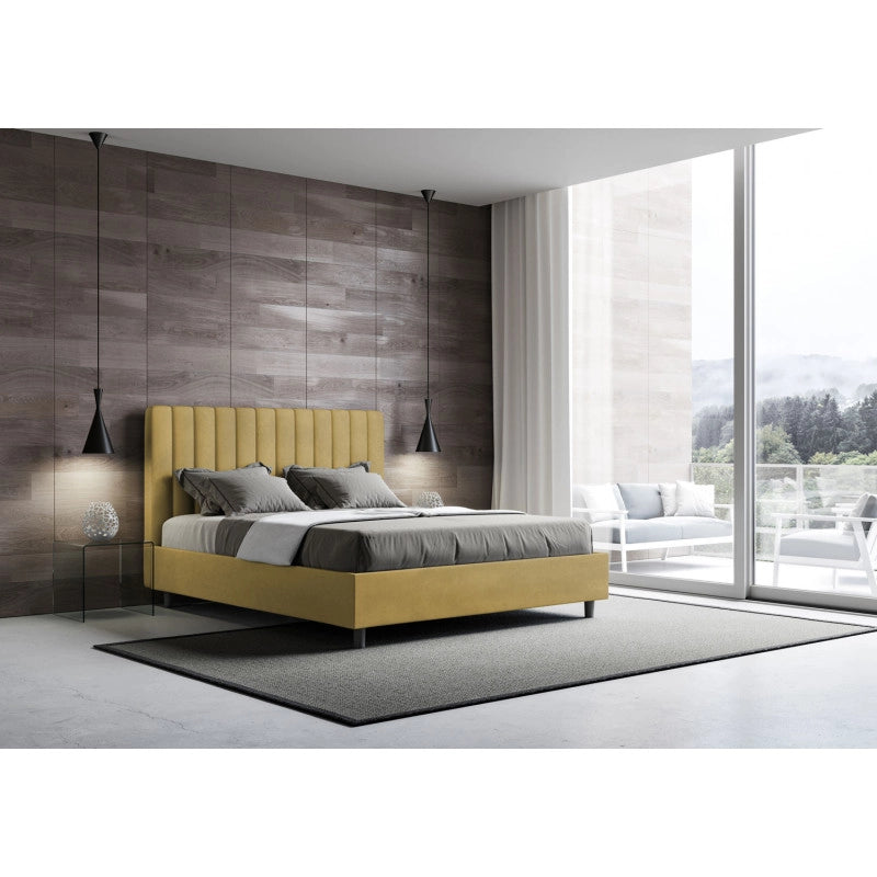 Letto imbottito Piazza e mezzo 130x210 cm Agueda - Con rete,Microfibra,Ocra