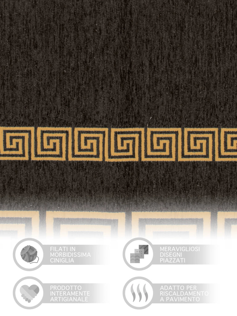 Tappeto Arredo Moderno Morbido in Ciniglia Ingresso Antiscivolo Prodotto Italiano  Soggiorno Camera Salotto Disegni Piazzati Cotone Varie Misure Grande Atena/Nerosenape - 65x300 cm
