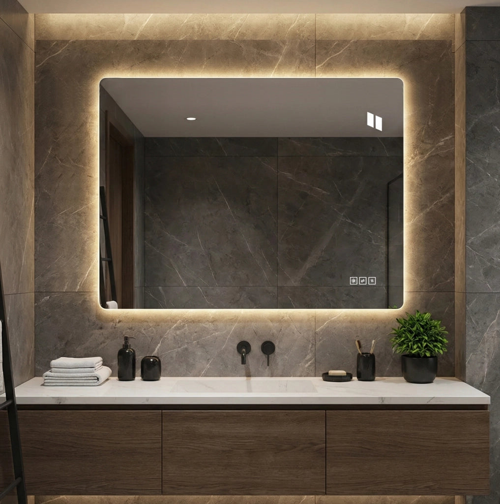 Specchio da bagno LED rettangolare 60×80 cm con illuminazione dimmerabile, funzione antiappannamento e montaggio verticale o orizzontale